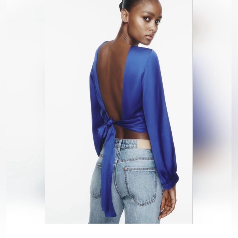 Zara Satin Open-Back Tie-Back Top - Blue